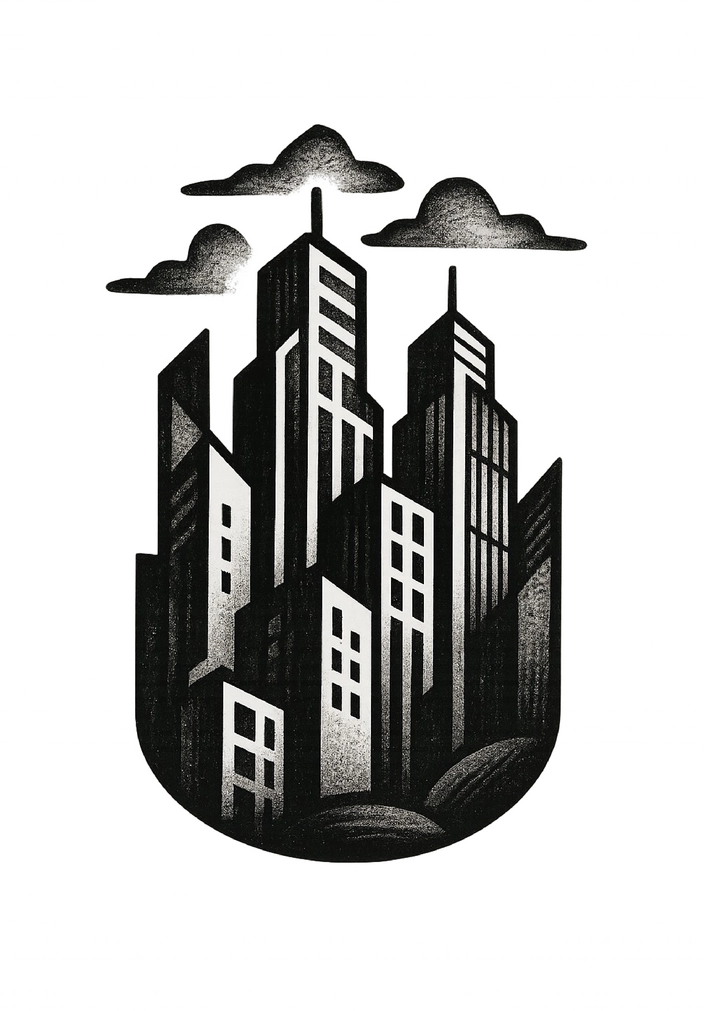 Tattoovorlage für eine stilisierte Stadtlandschaft mit Wolkenkratzern