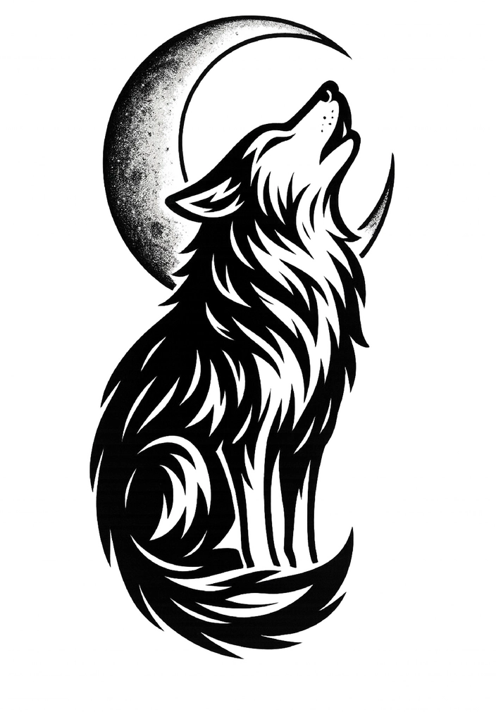 Tattoovorlage stilisierter Wolf mit Mond für Rippen und Hüfte