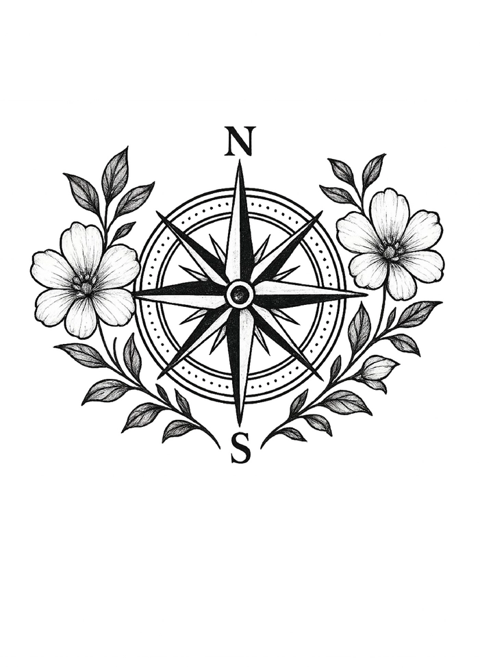 Tattoovorlage: Stilisierten Kompass mit floralen Akzenten