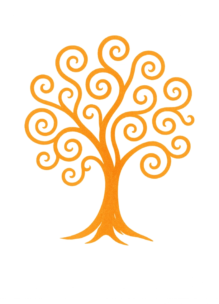 Tattoovorlage stilisierter Baum mit spiralförmigen Zweigen in Orange