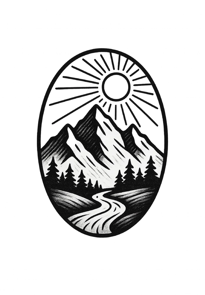 Tattoovorlage stilisierte Berglandschaft mit Sonne für Männer