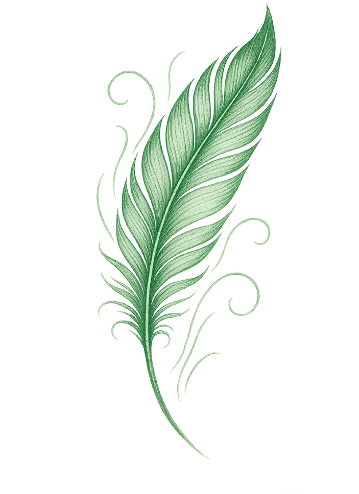 Tattoovorlage stilisierte grüne Feder mit geschwungenen Linien