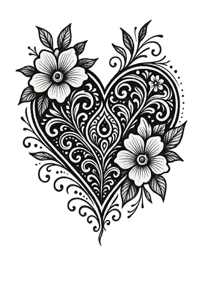 Tattoovorlage Herz mit floralen Mustern und Details