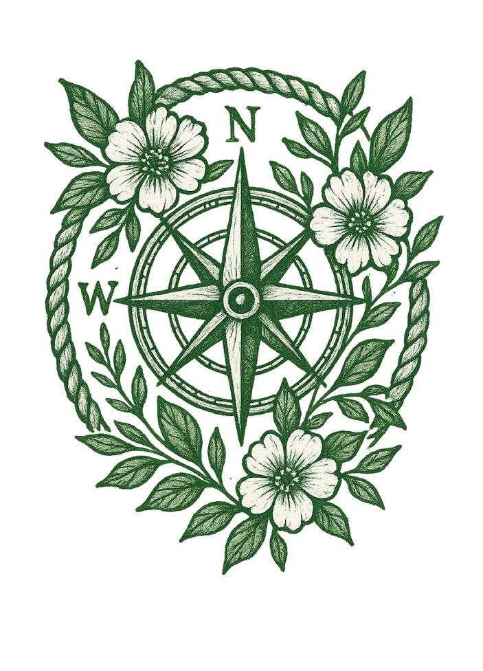 Tattoovorlage stilisierter Kompass mit floralen Elementen
