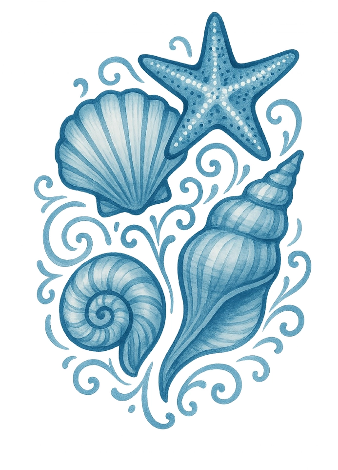 Tattoovorlage stilisierte Meeresbewohner mit Muscheln und Seestern