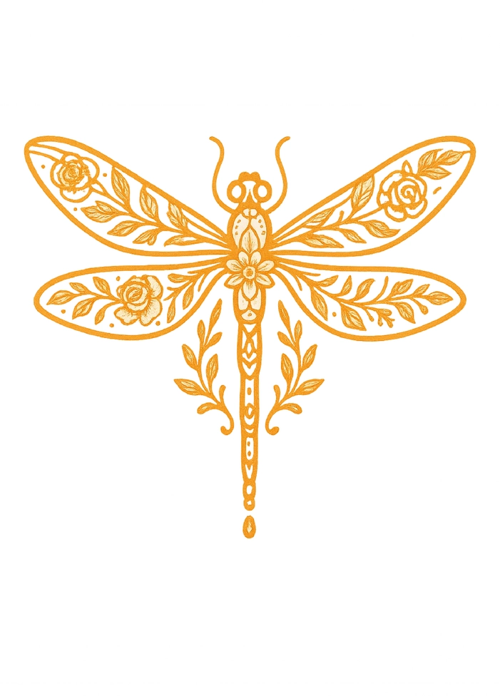 Tattoovorlage stilisierte Libelle mit floralen Details