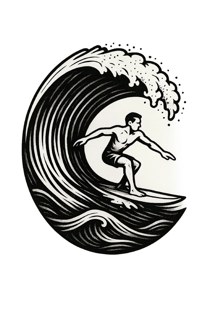Tattoovorlage Surfer auf Welle in Schwarz-Weiß