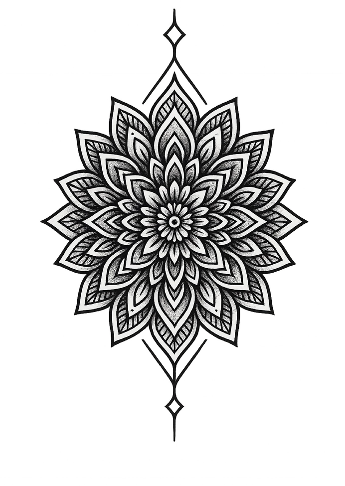 Tattoovorlage: Symmetrisches Mandala mit floralen Elementen