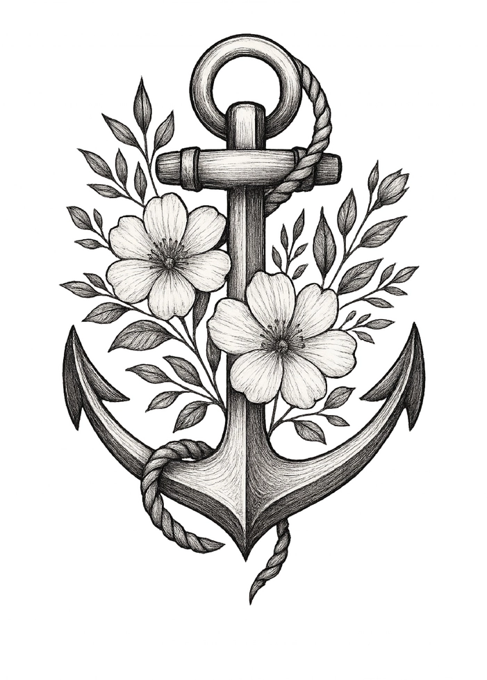 Tattoovorlage Anker mit floralen Elementen