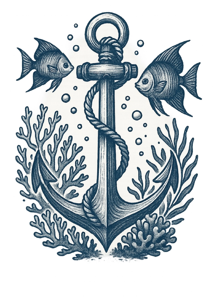 Tattoovorlage Anker mit Fischen und Korallen