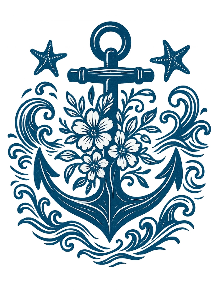 Tattoovorlage Anker mit floralen Elementen und Wellen