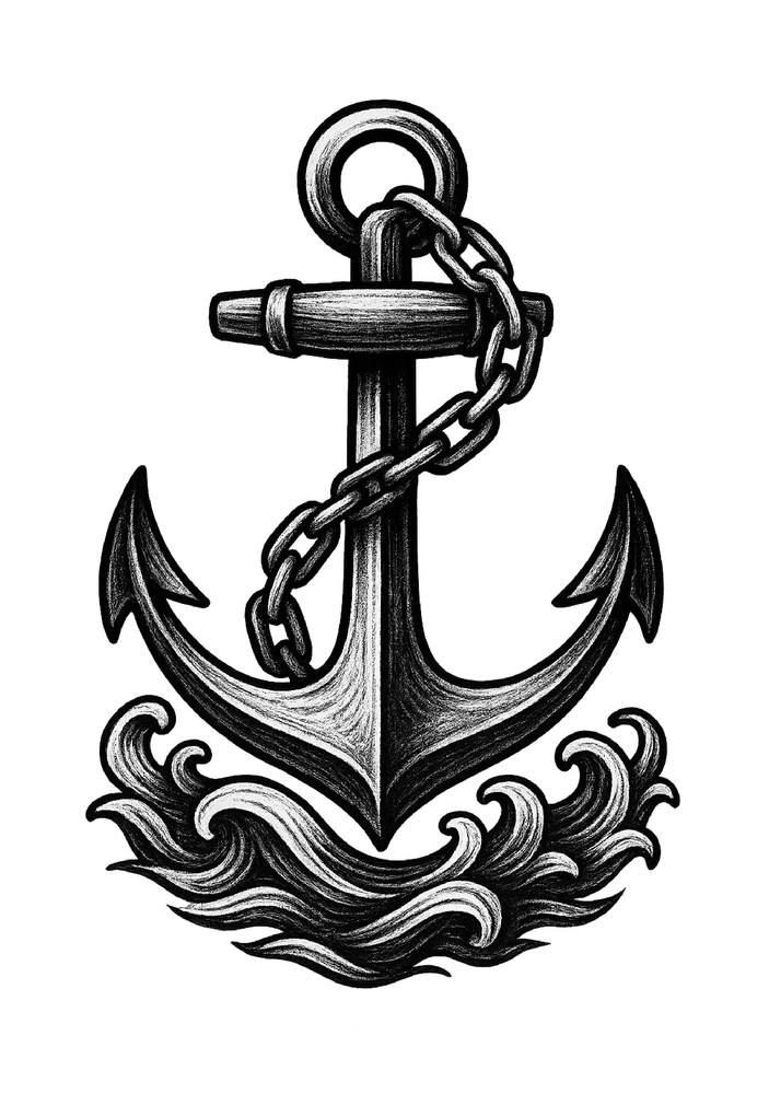 Tattoovorlage Anker mit Kette und Wellen Schwarz-Weiß
