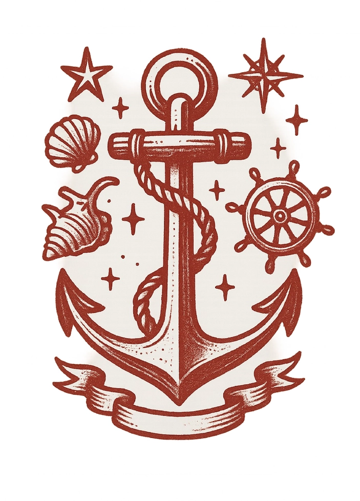 Tattoovorlage Anker mit maritimen Symbolen und Sternen