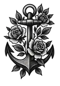 tattoovorlage-anker-mit-rosen-und-blaettern