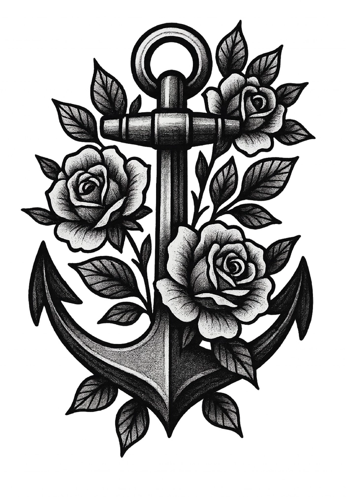 Tattoovorlage Anker mit Rosen und Blättern