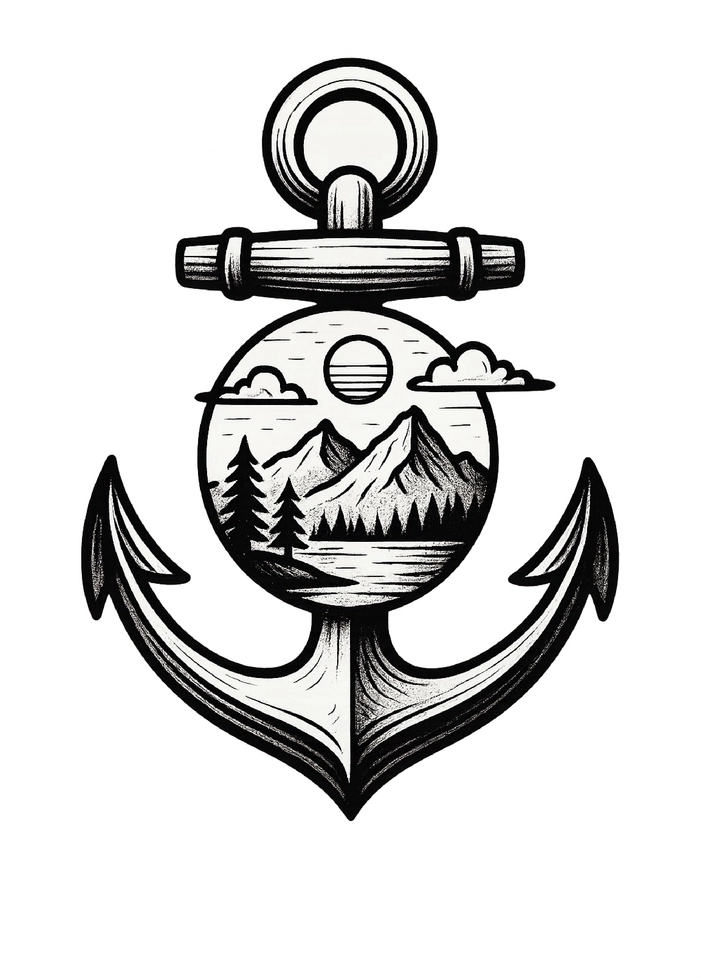 Tattoovorlage Anker mit stilisierter Landschaft in Schwarz-Weiß