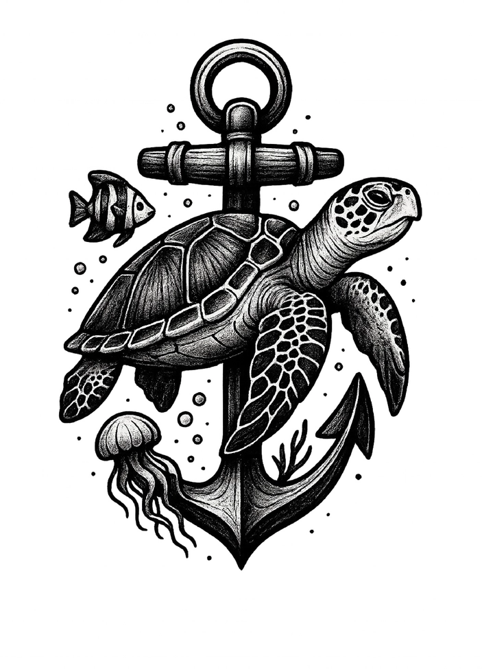 Tattoovorlage Anker kombiniert mit Schildkröte und Meeresbewohnern