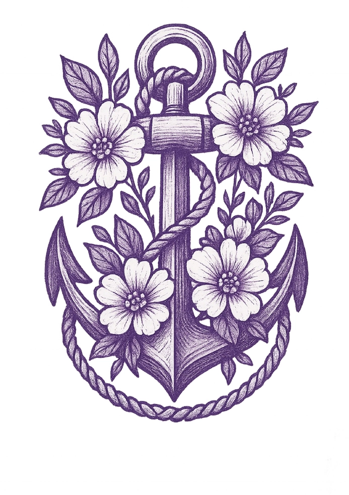 Tattoovorlage Anker umgeben von Blumen und Schnur