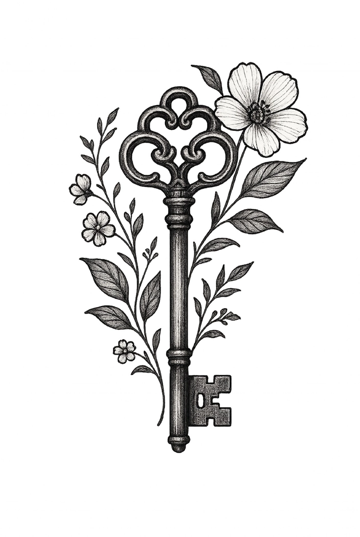 Tattoovorlage eines antiken Schlüssels mit floralen Akzenten