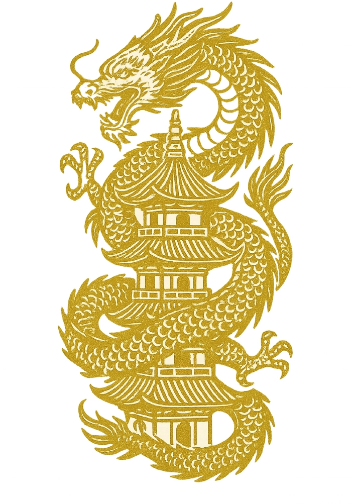 Tattoovorlage asiatischer Drache mit Pagode