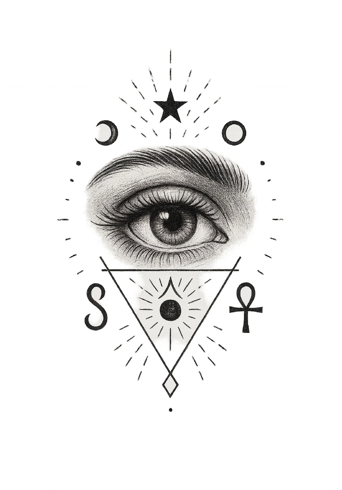 Tattoovorlage Auge mit mystischen Symbolen und Sternen