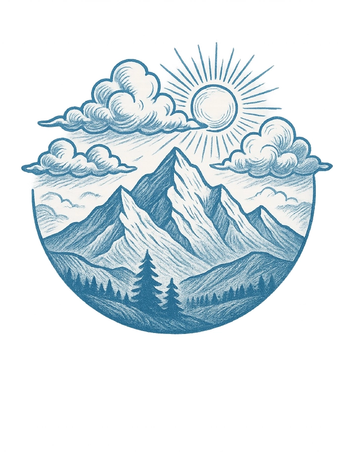 Tattoovorlage Bergpanorama mit Sonne und Wolken
