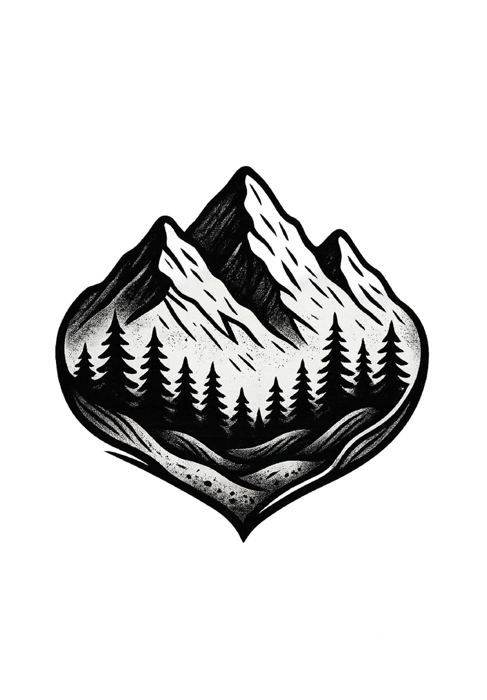 Tattoovorlage Berglandschaft mit schneebedeckten Gipfeln im Schwarz-Weiß-Stil