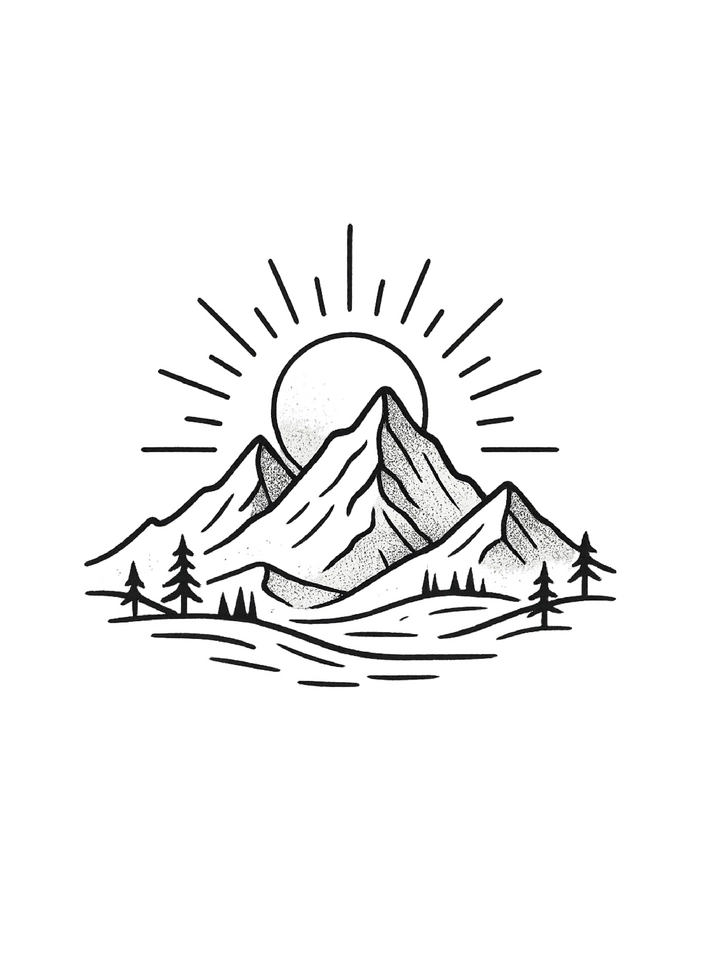 Tattoovorlage Berglandschaft mit Sonne und Bäumen