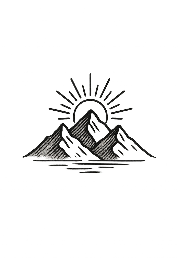 Tattoovorlage Berglandschaft mit Sonne und minimalistischen Linien