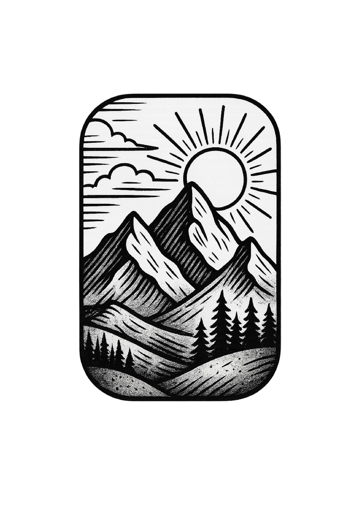 Tattoovorlage Berglandschaft mit Sonne und Tannen