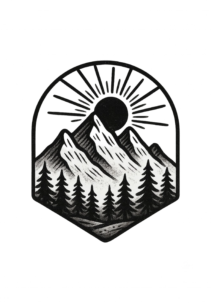 Tattoovorlage Berglandschaft mit Sonnenaufgang und Bäumen
