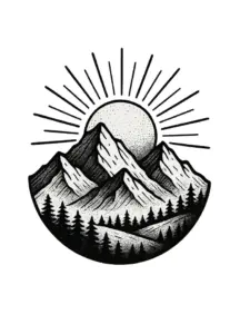 tattoovorlage-berglandschaft-mit-sonnenuntergang-schwarz-weiss