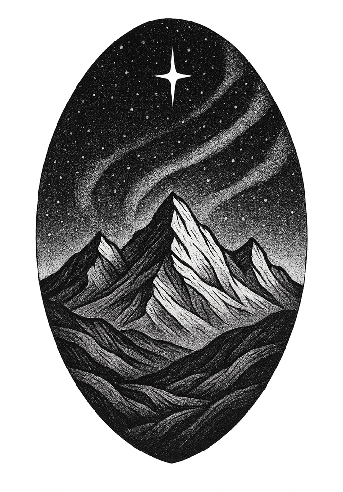 Tattoovorlage Berglandschaft mit Sternenhimmel