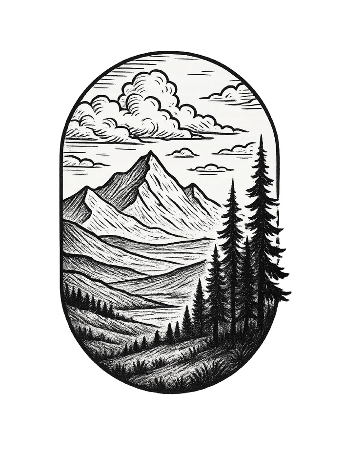 Tattoovorlage Berglandschaft mit Naturmotiven und Bäumen
