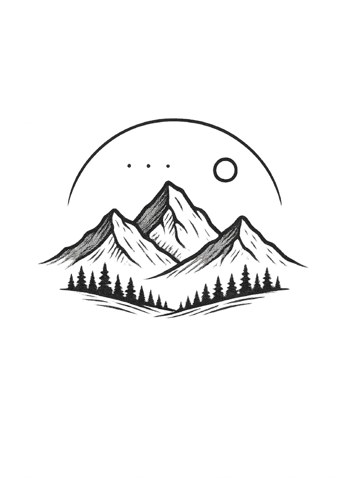 Tattoovorlage Berglandschaft mit Bäumen und Sonne