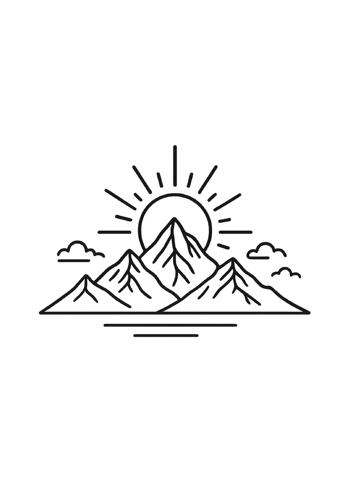 Tattoovorlage Bergpanorama mit Sonne in Schwarz-Weiß