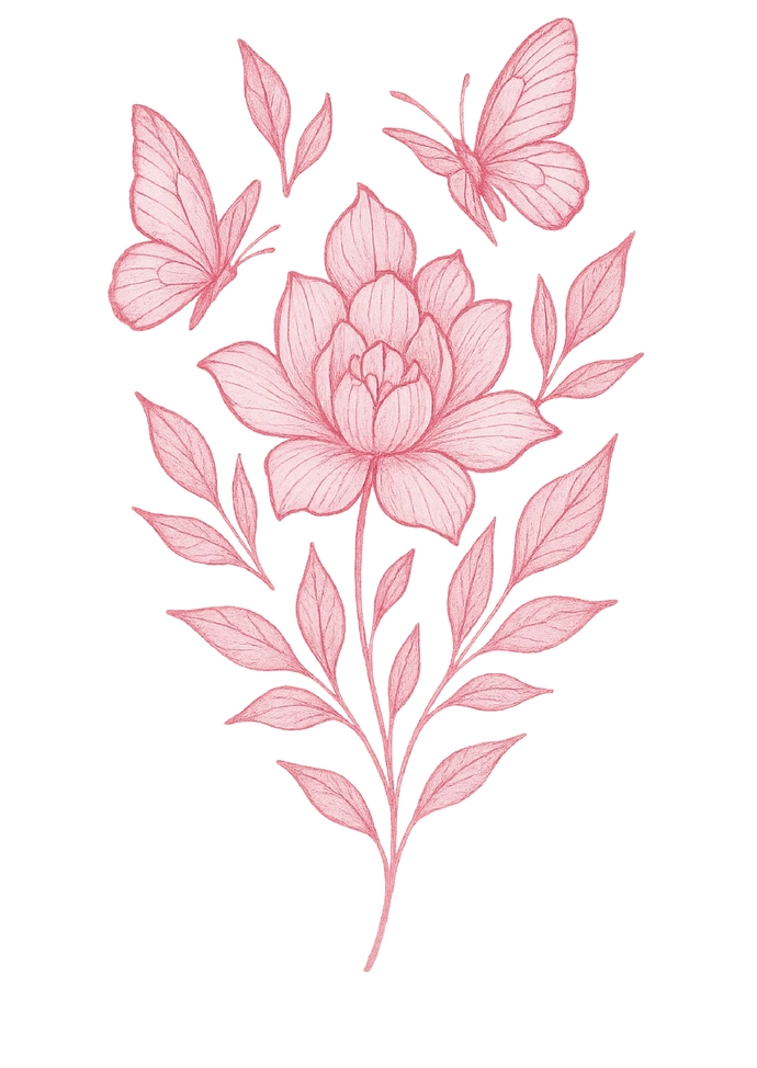 Tattoovorlage Blume mit Schmetterlingen und Blättern in Pink