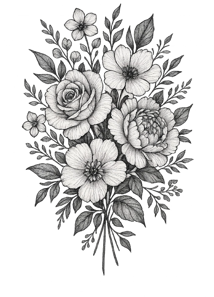 Tattoovorlage Blumenbouquet mit Rosen und Blüten