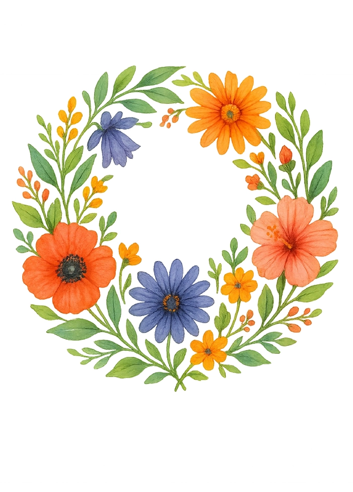 Tattoovorlage Blumenkranz mit bunten Blumen und natürlichen Elementen