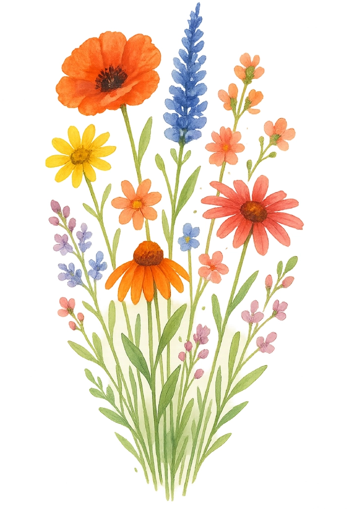 Tattoovorlage Blumenwiese in Bunt mit Lebendigen Farben