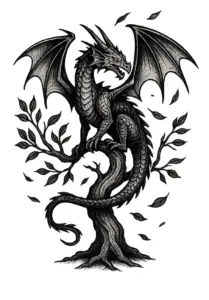 tattoovorlage-drache-auf-baum-mit-blaettern