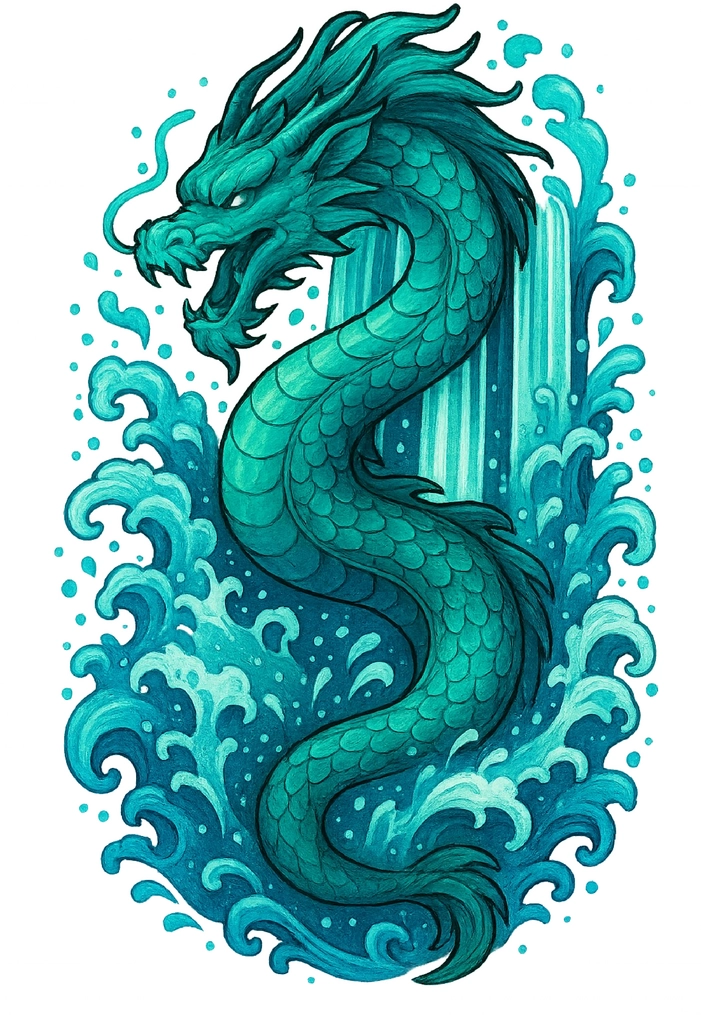 Tattoovorlage Drache aus Wasserfall in Türkis
