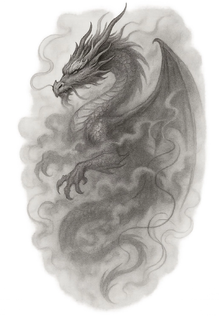 Tattoovorlage Drache im Nebel - majestätisches Fantasy-Motiv