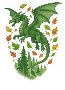 tattoovorlage-drache-im-wald-mit-bunten-blaettern