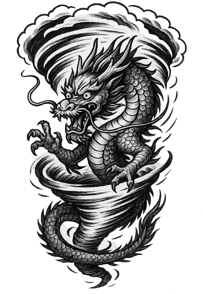 Tattoovorlage Drache im Wirbelsturm mit kraftvollem Gesichtsausdruck