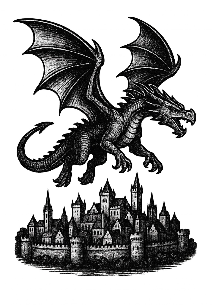Tattoovorlage Drache über Stadt fliegend im Fantasy-Stil