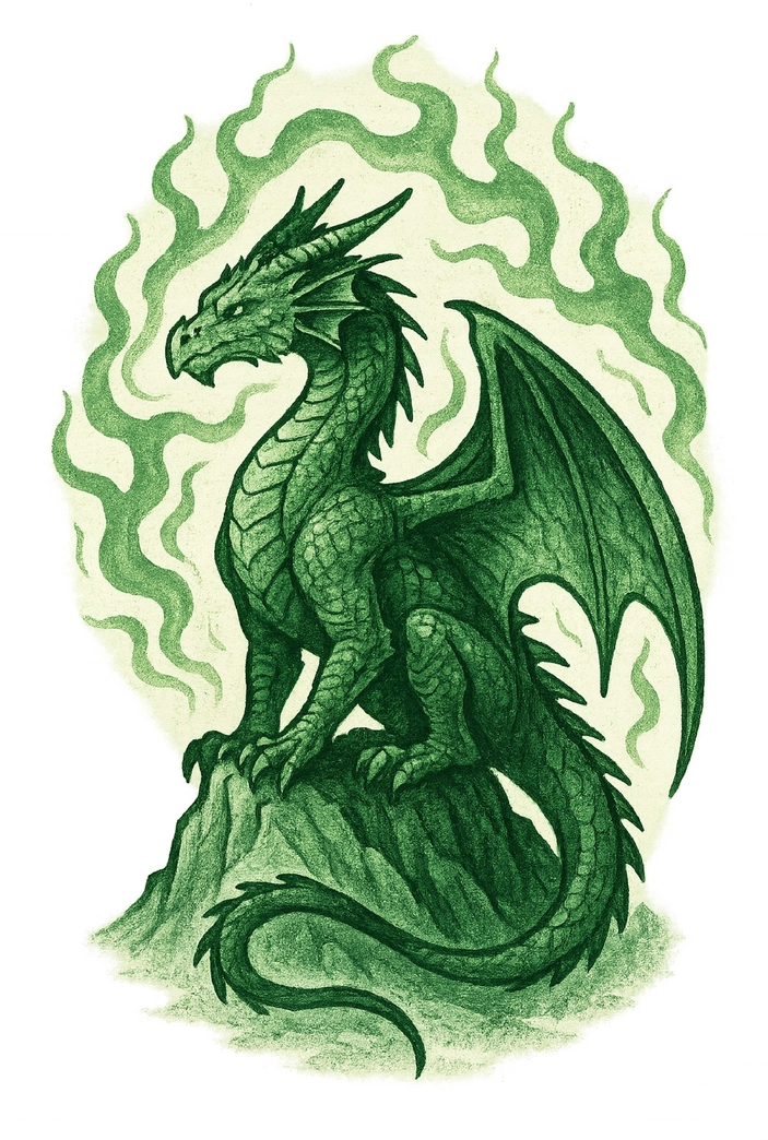 Tattoovorlage Drachen auf Felsen mit mystischer Aura