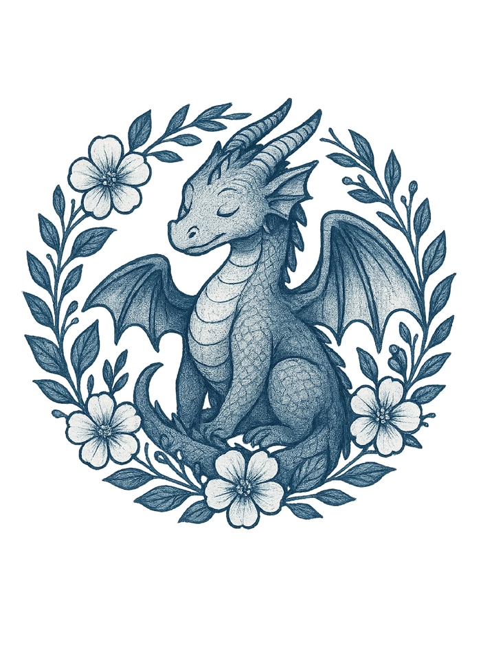 Tattoovorlage Drachen in Blumenrahmung mit ruhigem Ausdruck