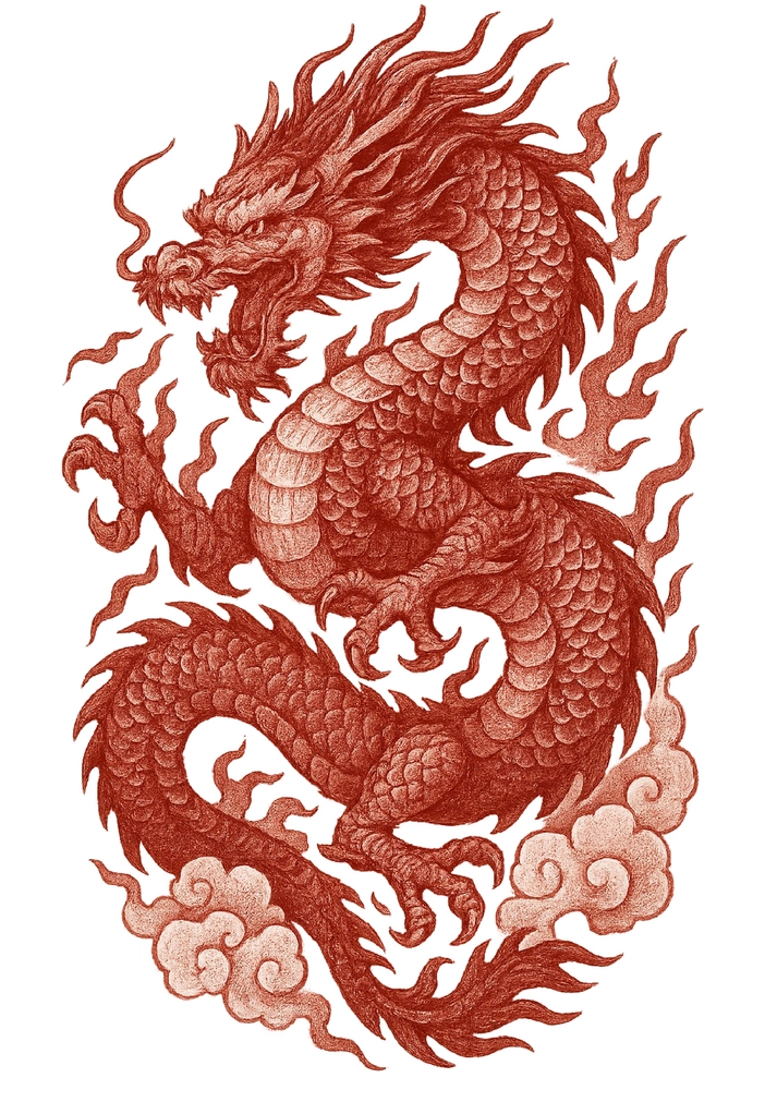 Tattoovorlage Drachen mit Flammen und Wolken