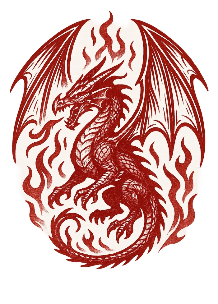 Tattoovorlage Drachen mit offenen Flügeln und Feuer-Elementen